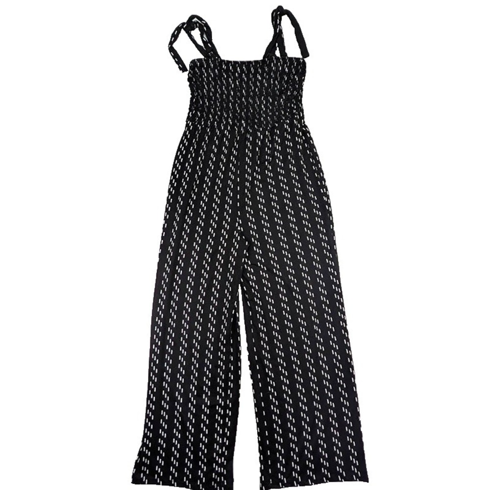 SO Jumpsuit Smocked Womens L Black Boho Resort Vacation Beach Palazzo Leg Casual